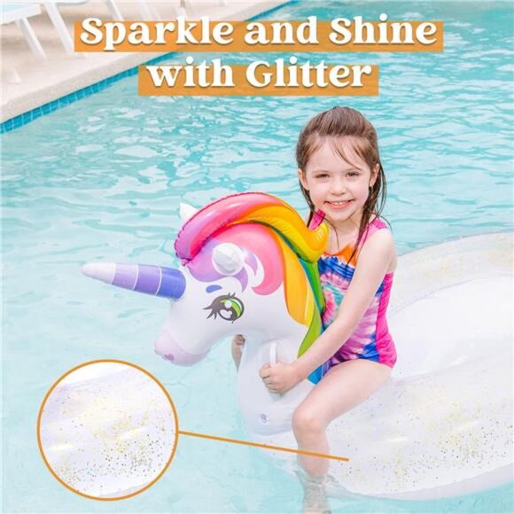Inflatable Unicorn Pool Float Raft with Glitters, Fun Beach Floaties, - Picture 2 of 5